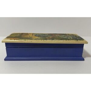 Blue‎ Wooden Trinket Box With Grapes and Wine Painting on Lid